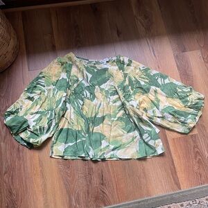 Counterparts Green and Yellow Leaf-Print Puff Sleeve Blouse